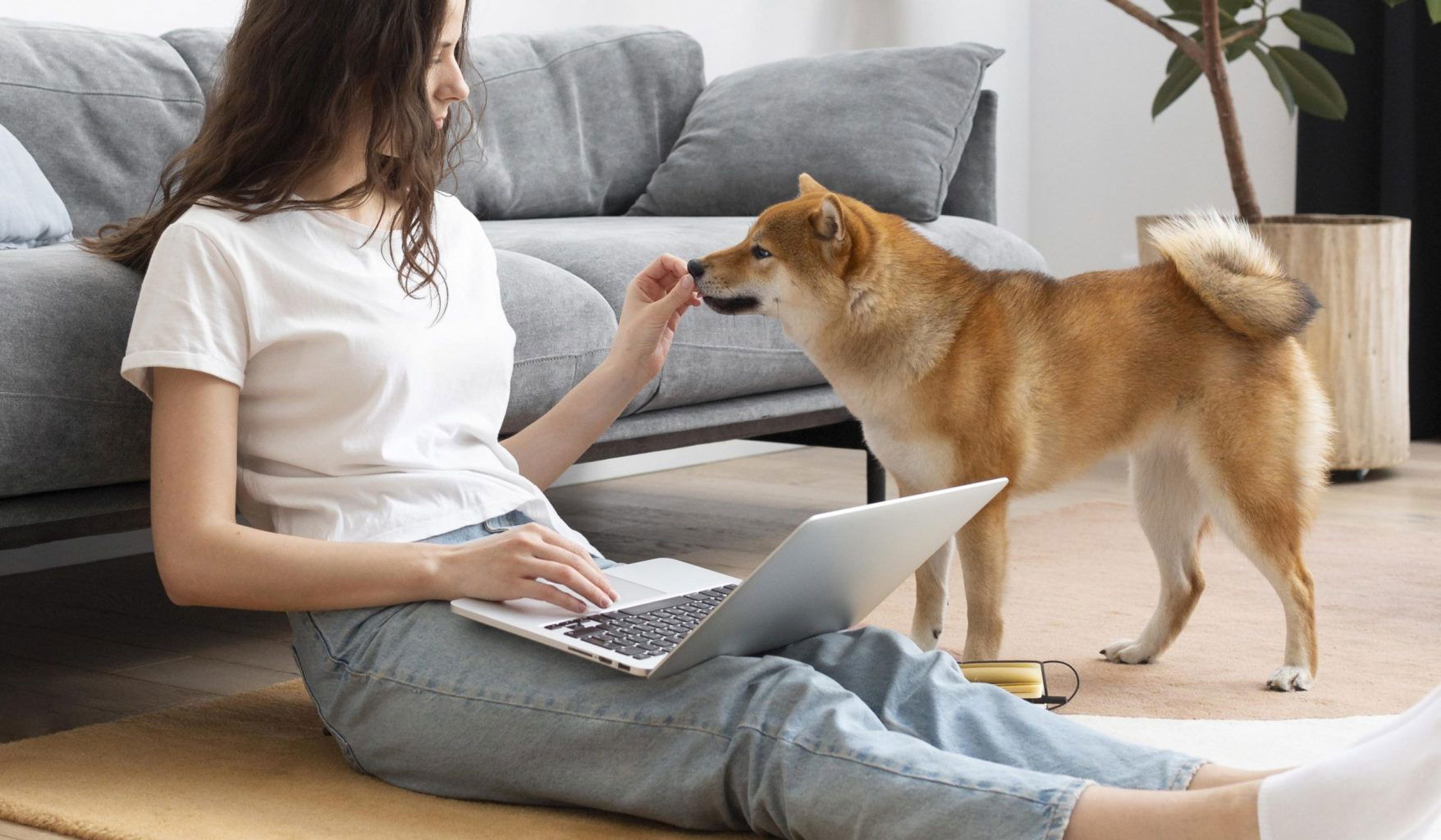 woman-trying-work-with-her-dog-around